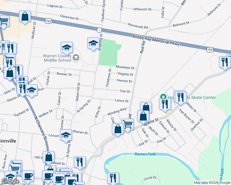 map of restaurants, bars, coffee shops, grocery stores, and more near 124 Fair Street in McMinnville