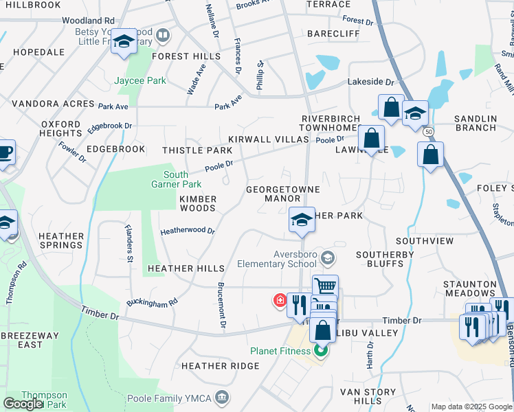 map of restaurants, bars, coffee shops, grocery stores, and more near 128 Carriage House Trail in Garner