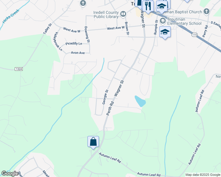 map of restaurants, bars, coffee shops, grocery stores, and more near 647 Georgie Street in Troutman