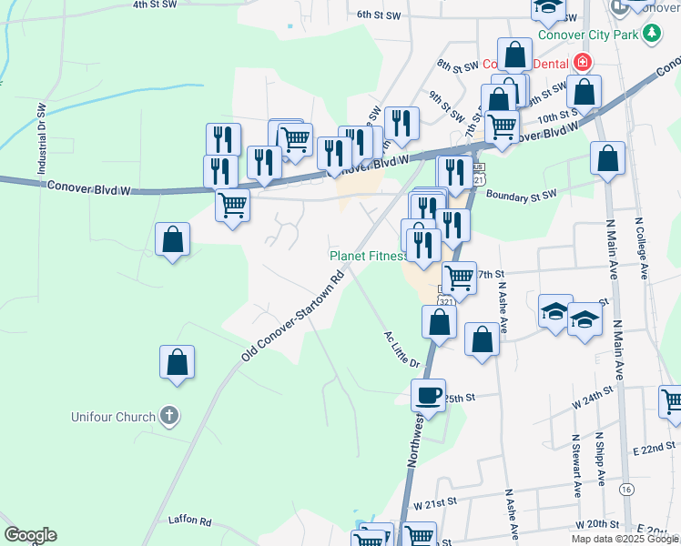 map of restaurants, bars, coffee shops, grocery stores, and more near 2655 Old Conover-Startown Road in Newton