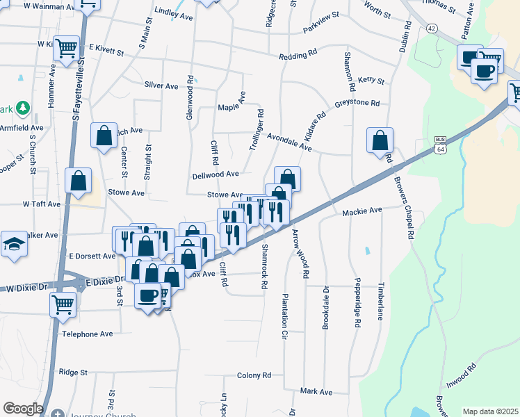 map of restaurants, bars, coffee shops, grocery stores, and more near 1106 Shamrock Road in Asheboro