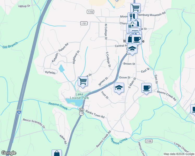 map of restaurants, bars, coffee shops, grocery stores, and more near 24 Lakeshore Drive in Weaverville