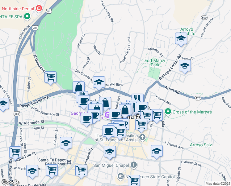 map of restaurants, bars, coffee shops, grocery stores, and more near 324 Grant Avenue in Santa Fe