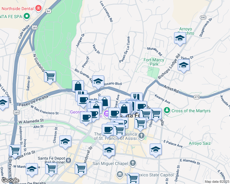 map of restaurants, bars, coffee shops, grocery stores, and more near 324 Grant Avenue in Santa Fe