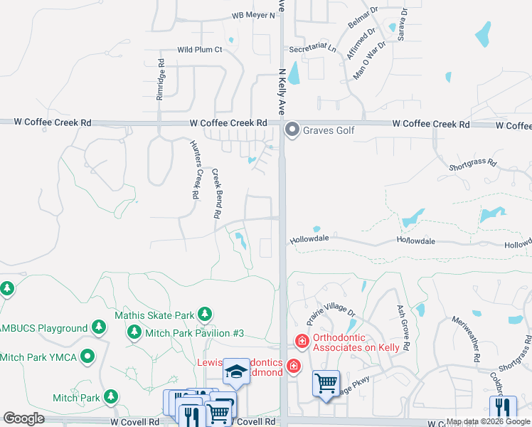 map of restaurants, bars, coffee shops, grocery stores, and more near 3609 Huntsman Road in Edmond
