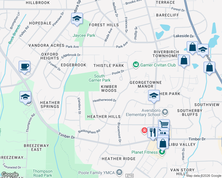 map of restaurants, bars, coffee shops, grocery stores, and more near 602 Westwood Drive in Garner