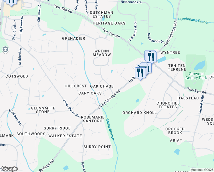 map of restaurants, bars, coffee shops, grocery stores, and more near 4124 Winding Oak Way in Apex
