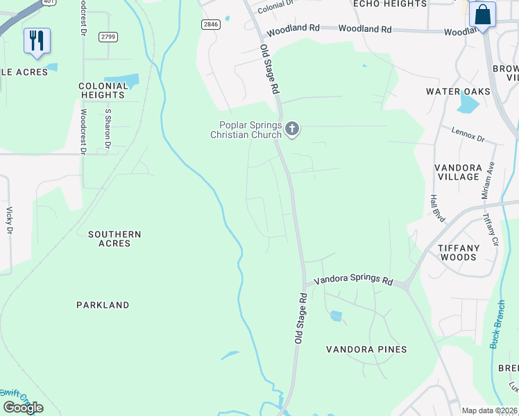 map of restaurants, bars, coffee shops, grocery stores, and more near 6310-6598 Old Stage Road in Raleigh