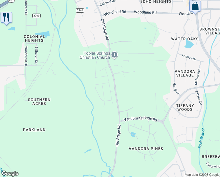 map of restaurants, bars, coffee shops, grocery stores, and more near 6401 Old Stage Road in Raleigh