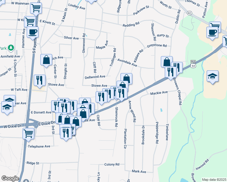 map of restaurants, bars, coffee shops, grocery stores, and more near 1106 Shamrock Road in Asheboro