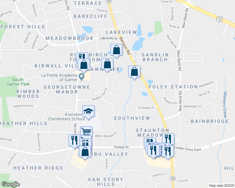 map of restaurants, bars, coffee shops, grocery stores, and more near 1200 Savannah Chase Circle in Garner