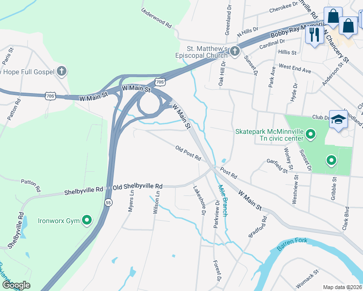 map of restaurants, bars, coffee shops, grocery stores, and more near 180 Old Post Road in McMinnville