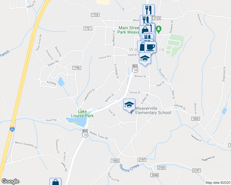 map of restaurants, bars, coffee shops, grocery stores, and more near 65 Brown Street in Weaverville