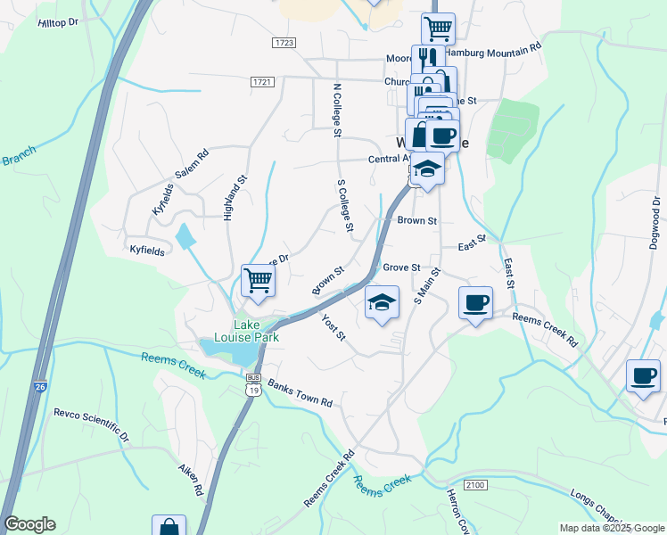 map of restaurants, bars, coffee shops, grocery stores, and more near 51 Brown Street in Weaverville