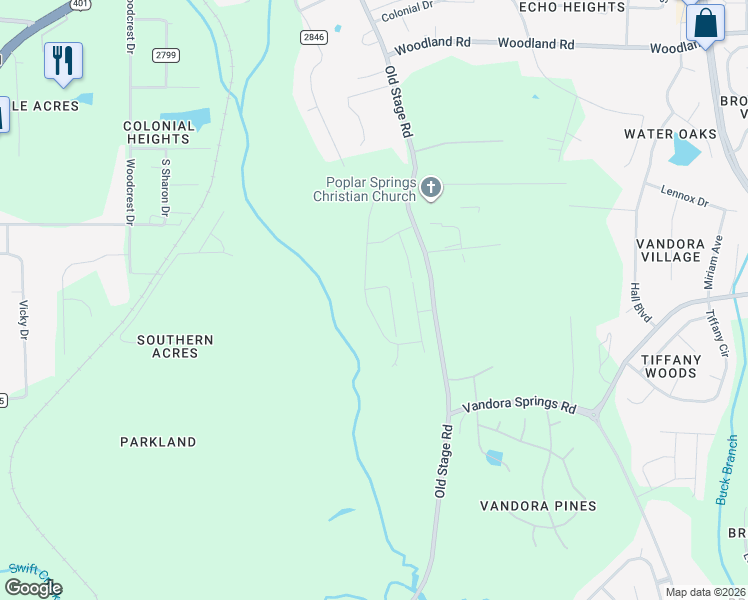 map of restaurants, bars, coffee shops, grocery stores, and more near 6310-6598 Old Stage Road in Raleigh