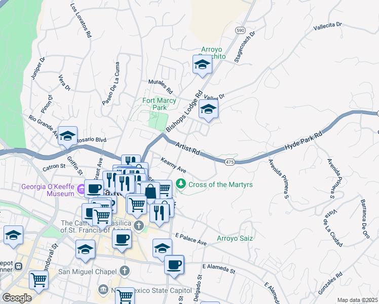 map of restaurants, bars, coffee shops, grocery stores, and more near 316 Artist Road in Santa Fe