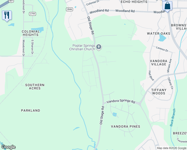 map of restaurants, bars, coffee shops, grocery stores, and more near 6401 Old Stage Road in Raleigh