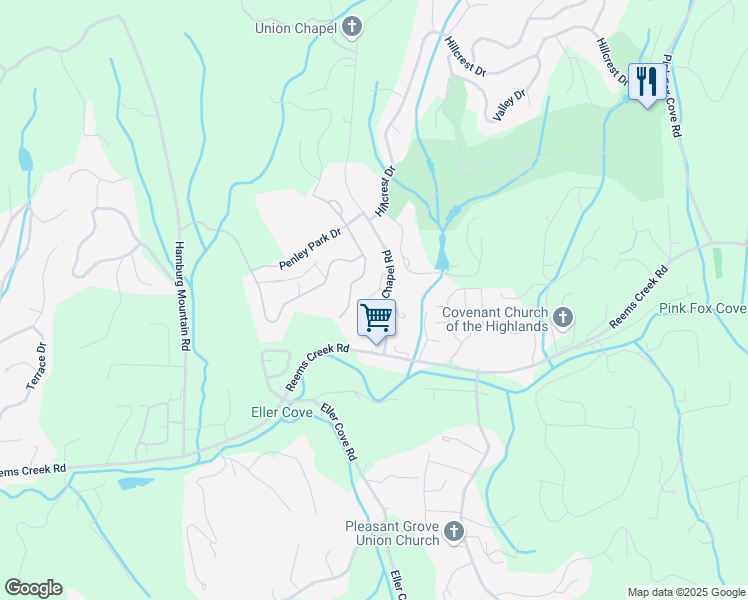 map of restaurants, bars, coffee shops, grocery stores, and more near 34 Union Chapel Road in Weaverville