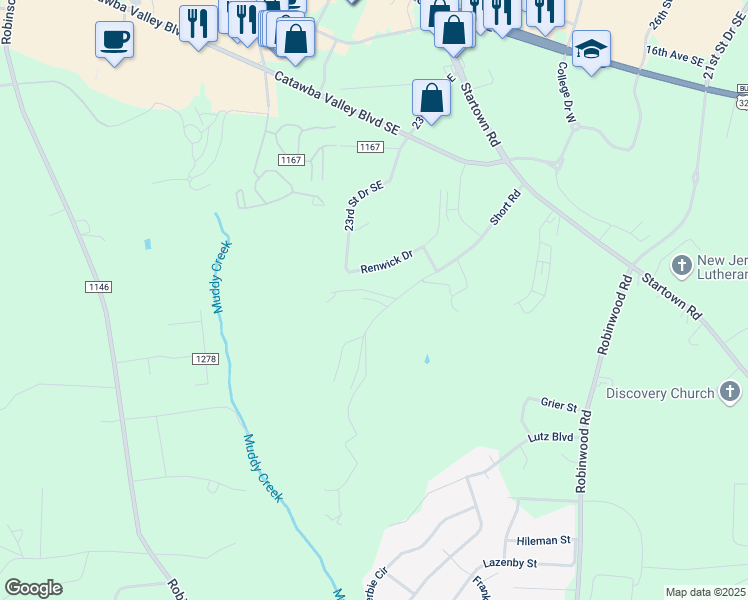 map of restaurants, bars, coffee shops, grocery stores, and more near Rp Whitener Lane in Hickory