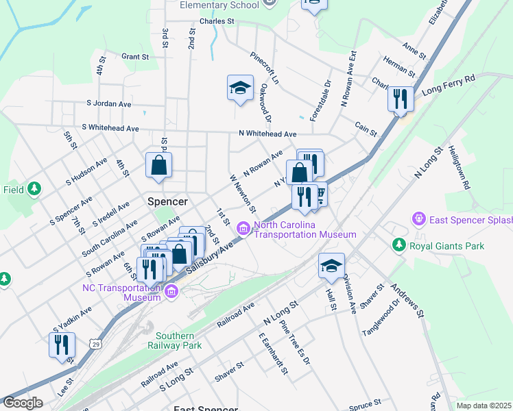 map of restaurants, bars, coffee shops, grocery stores, and more near 209 North Yadkin Avenue in Spencer
