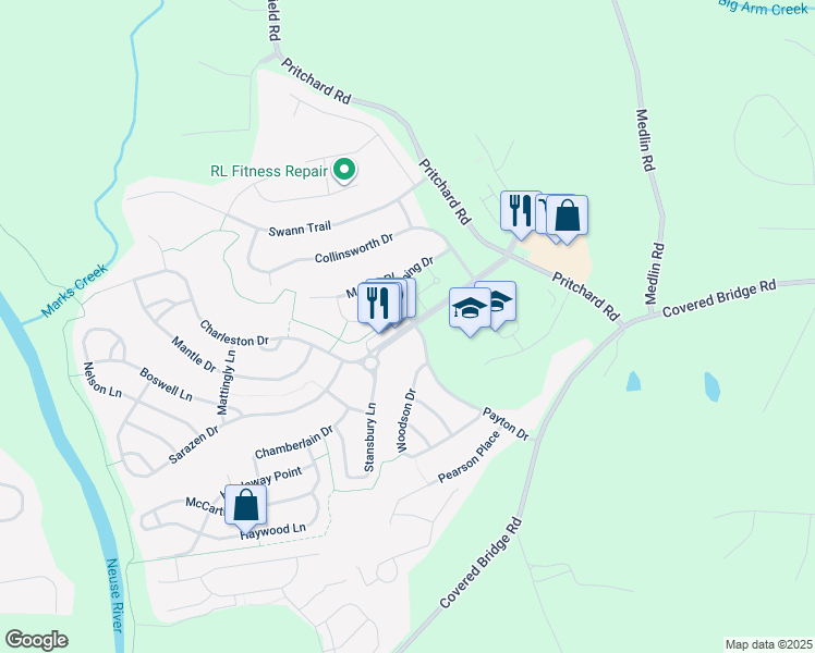 map of restaurants, bars, coffee shops, grocery stores, and more near 321 Athletic Club Boulevard in Clayton