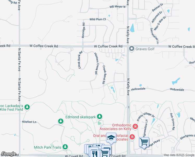 map of restaurants, bars, coffee shops, grocery stores, and more near 3636 Hunters Creek Road in Edmond