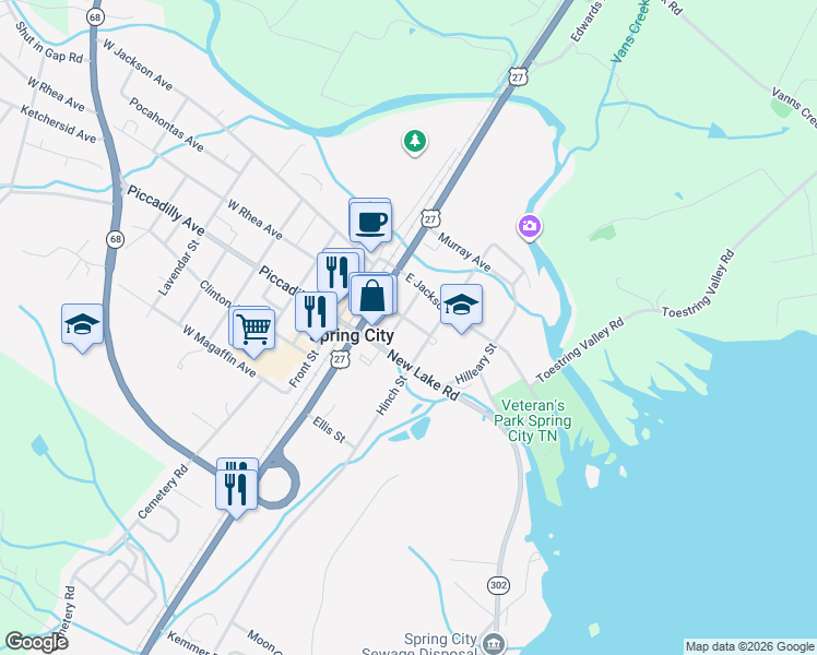 map of restaurants, bars, coffee shops, grocery stores, and more near 199 East Rhea Avenue in Spring City