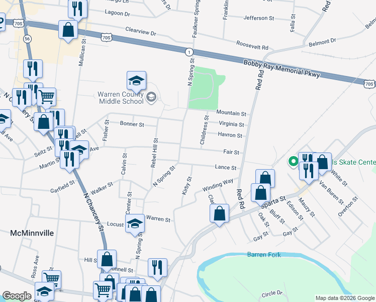 map of restaurants, bars, coffee shops, grocery stores, and more near 102 Fair Street in McMinnville