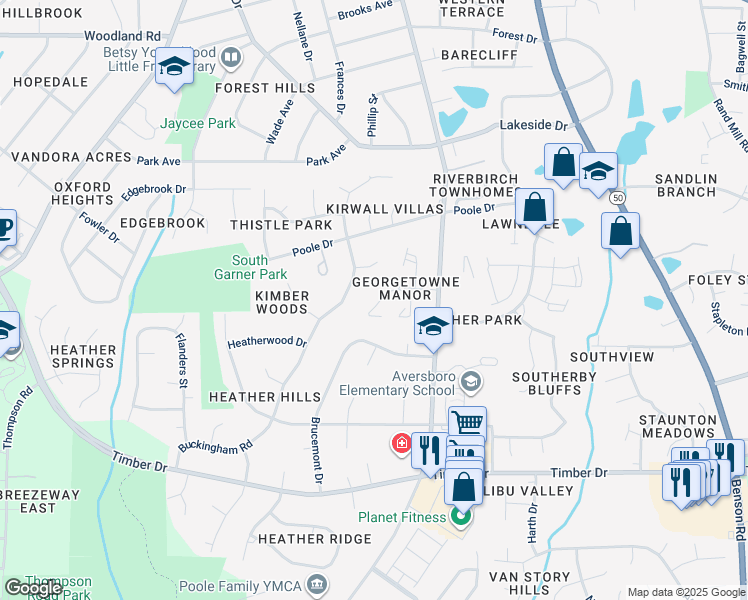 map of restaurants, bars, coffee shops, grocery stores, and more near 122 Carriage House Trail in Garner