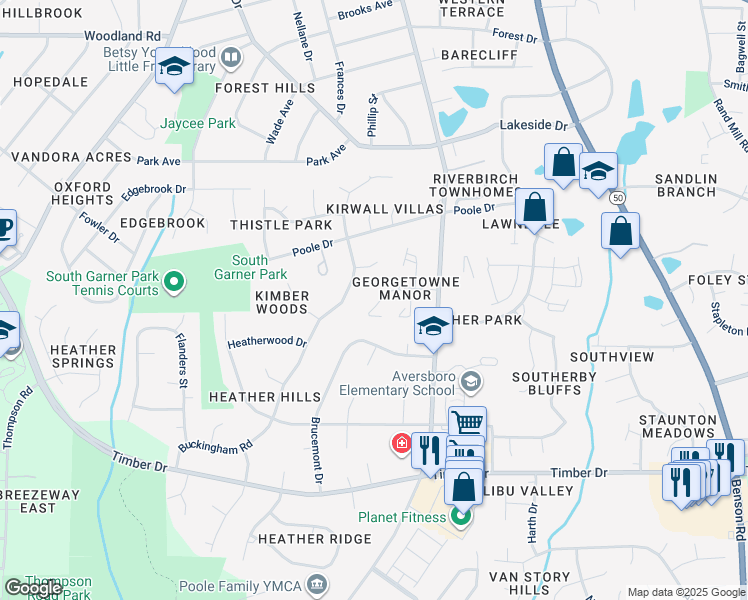 map of restaurants, bars, coffee shops, grocery stores, and more near 122 Carriage House Trail in Garner