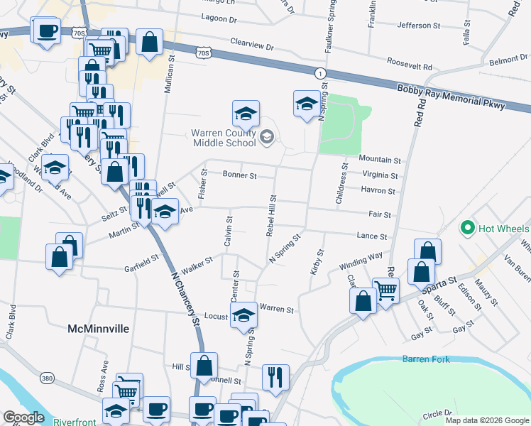 map of restaurants, bars, coffee shops, grocery stores, and more near 139 Rebel Hill Street in McMinnville
