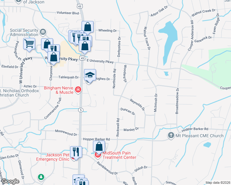 map of restaurants, bars, coffee shops, grocery stores, and more near 9 Reynolds Drive in Jackson