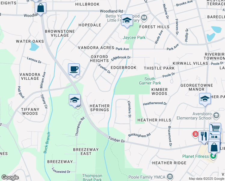 map of restaurants, bars, coffee shops, grocery stores, and more near 1605 Kenbrook Drive in Garner