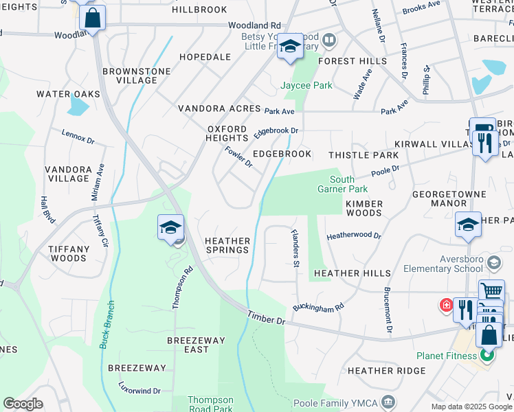 map of restaurants, bars, coffee shops, grocery stores, and more near 1605 Kenbrook Drive in Garner