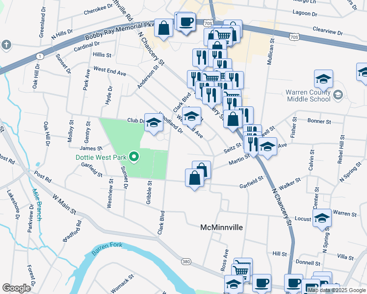 map of restaurants, bars, coffee shops, grocery stores, and more near 208 Potter Ln in McMinnville