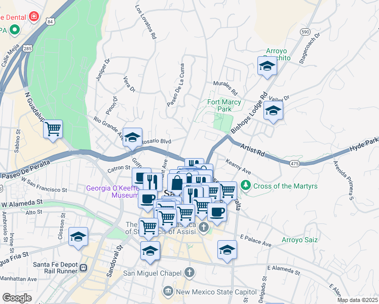 map of restaurants, bars, coffee shops, grocery stores, and more near 401 Old Taos Highway in Santa Fe
