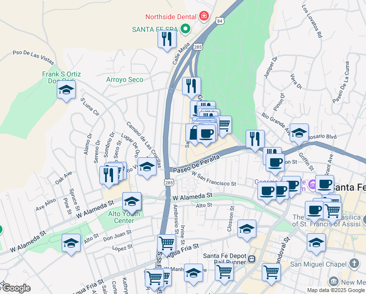 map of restaurants, bars, coffee shops, grocery stores, and more near 199 Fiesta Street in Santa Fe