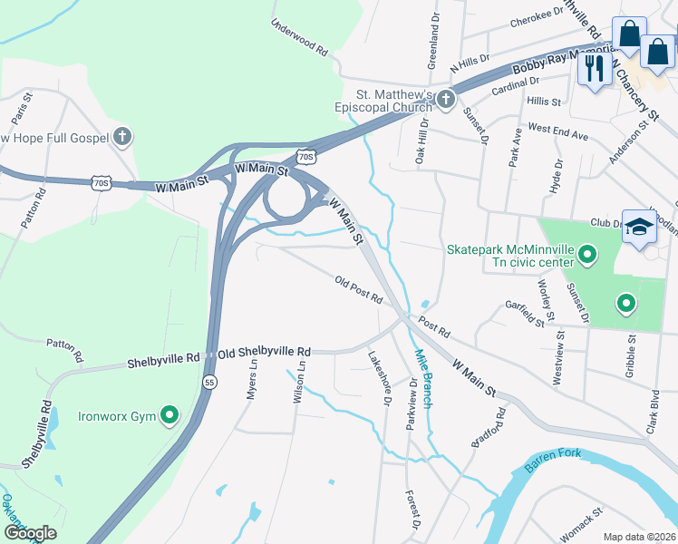map of restaurants, bars, coffee shops, grocery stores, and more near 180 Old Post Road in McMinnville