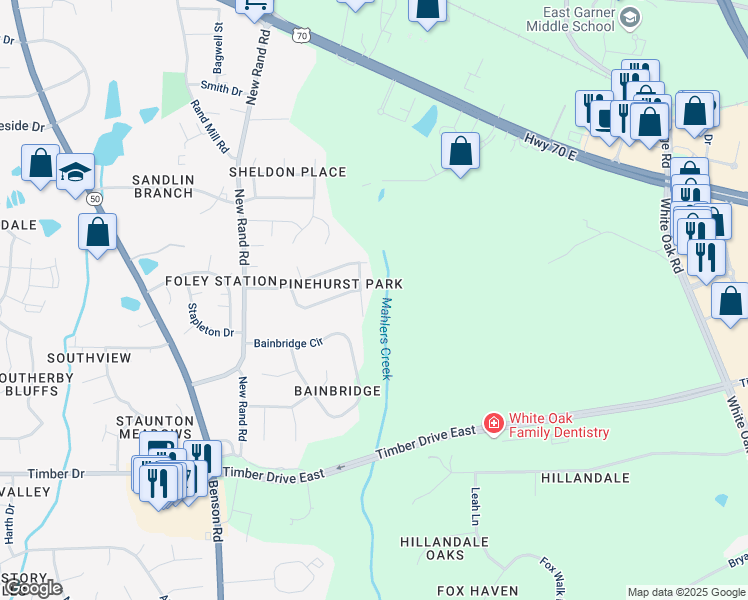 map of restaurants, bars, coffee shops, grocery stores, and more near 907 Long Avenue in Garner