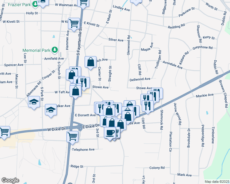 map of restaurants, bars, coffee shops, grocery stores, and more near 350 Stowe Avenue in Asheboro