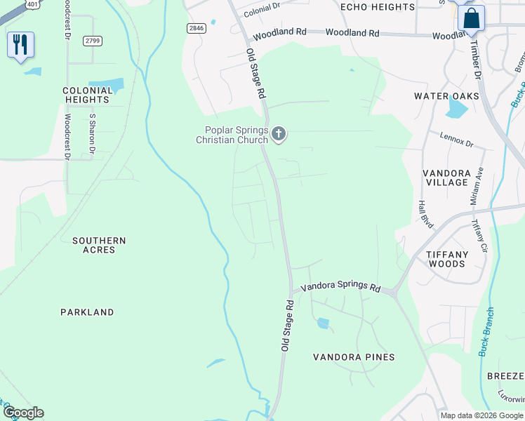 map of restaurants, bars, coffee shops, grocery stores, and more near 6310-6598 Old Stage Road in Raleigh