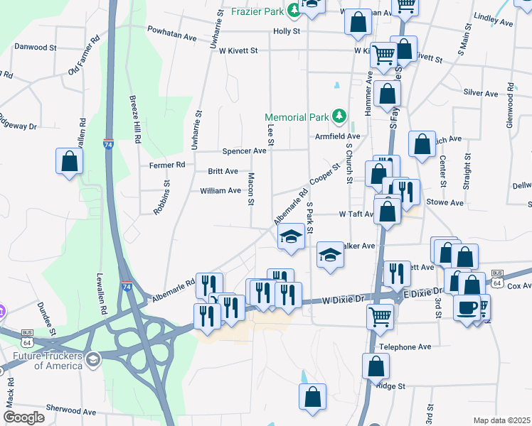 map of restaurants, bars, coffee shops, grocery stores, and more near 1011 Lee Street in Asheboro