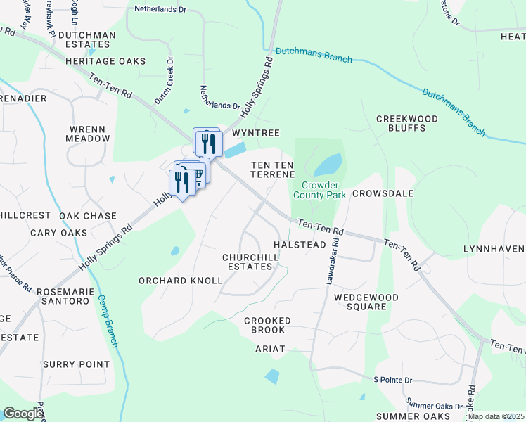 map of restaurants, bars, coffee shops, grocery stores, and more near 101 Tyne River Court in Apex