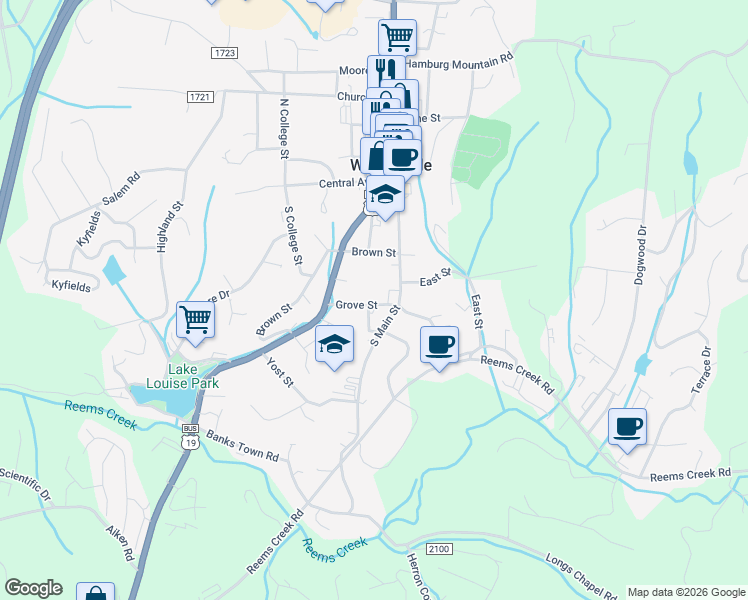 map of restaurants, bars, coffee shops, grocery stores, and more near 9 Grove St in Weaverville