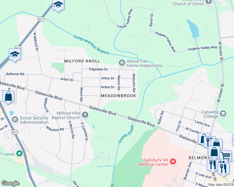map of restaurants, bars, coffee shops, grocery stores, and more near 1200 Forestdale Dr in Salisbury