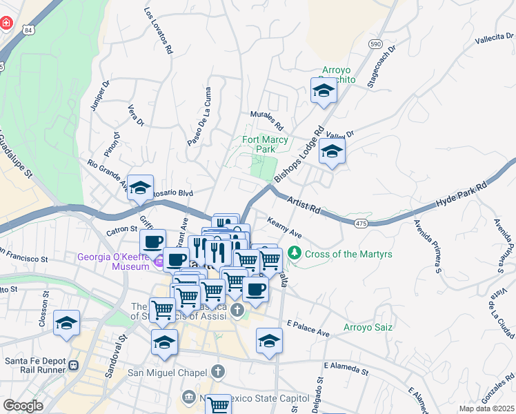 map of restaurants, bars, coffee shops, grocery stores, and more near 111 Kearney Avenue in Santa Fe