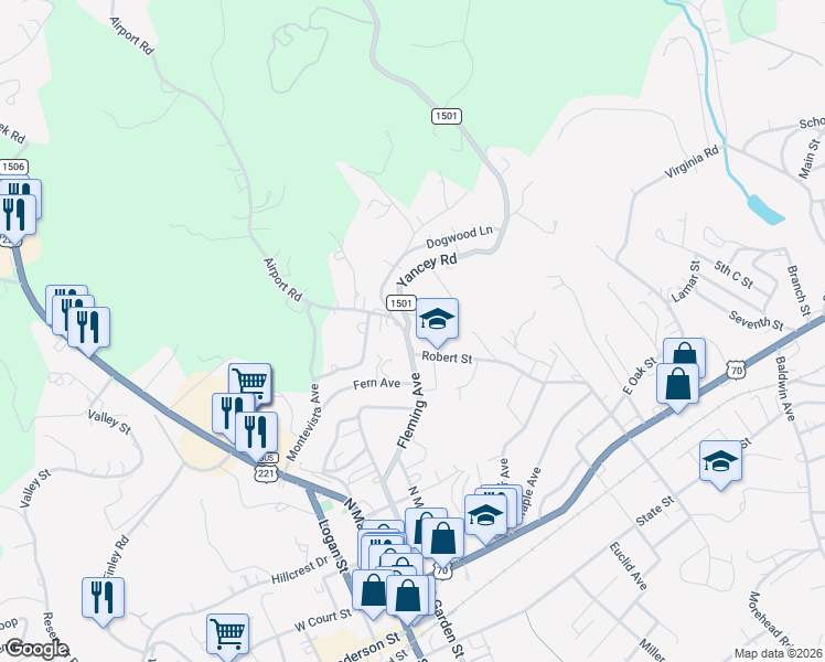 map of restaurants, bars, coffee shops, grocery stores, and more near 24 Yancey Road in Marion