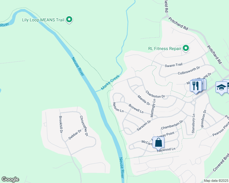 map of restaurants, bars, coffee shops, grocery stores, and more near 324 Nelson Lane in Clayton
