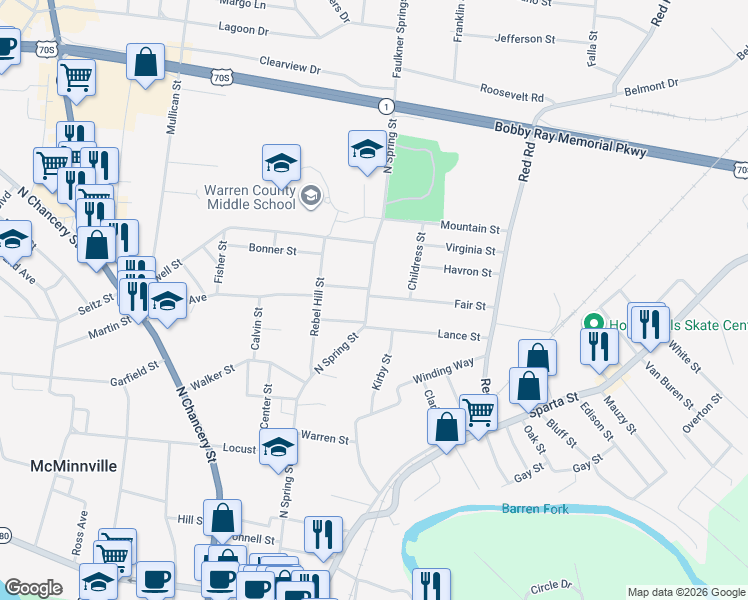 map of restaurants, bars, coffee shops, grocery stores, and more near 102 Fair Street in McMinnville