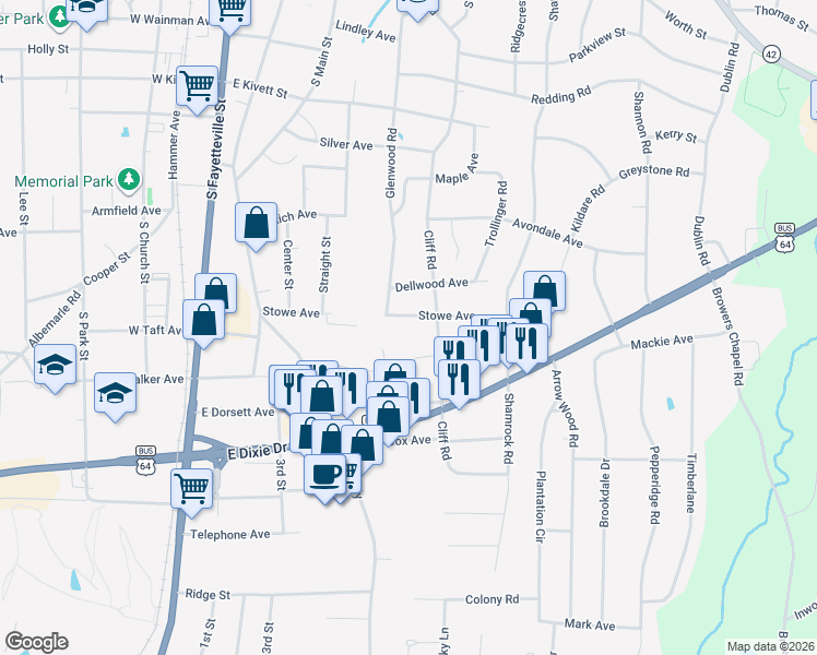map of restaurants, bars, coffee shops, grocery stores, and more near 518 Stowe Avenue in Asheboro